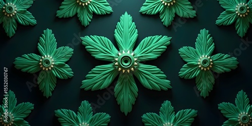 Stylized green leaf clusters with jewel like centers arranged in symmetrical star shape ideal for decorative patterns