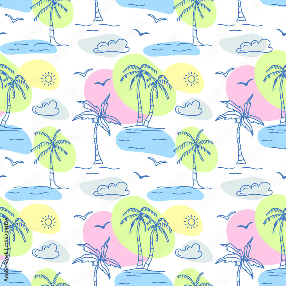 Obraz premium Tropical exotic seamless pattern with doodle palm trees. Abstract vector summer background in blue line art and colorful spots.
