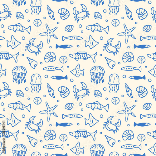 Cute marine life seamless pattern hand drawn in doodle style. Blue abstract linear illustration of underwater animals fish, jellyfish, crab, seashell, starfish.