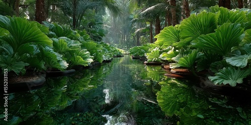 Lush tropical garden with vibrant green foliage and serene waterway under soft sunlight