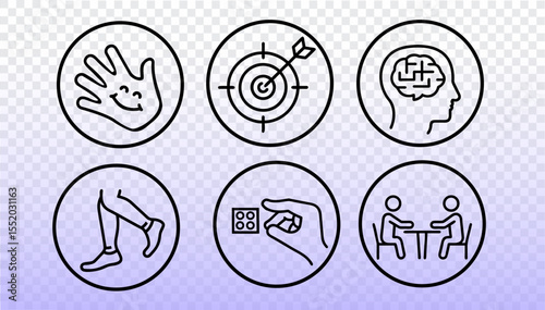 Early childhood development icon set. Fine motor education activities kids learning. Preschool kindergarten school games. Black line icons on transparent vector illustration