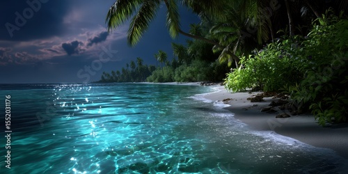 Moonlit beach with palm trees and shimmering ocean waves at night in tropical paradise