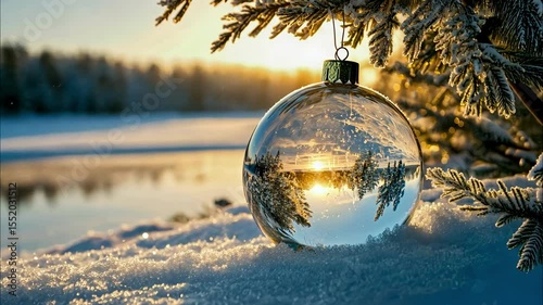 beautiful transparent thick glass ball for Christmas tree, lies on snow, winter lake and forest are reflected in the ball