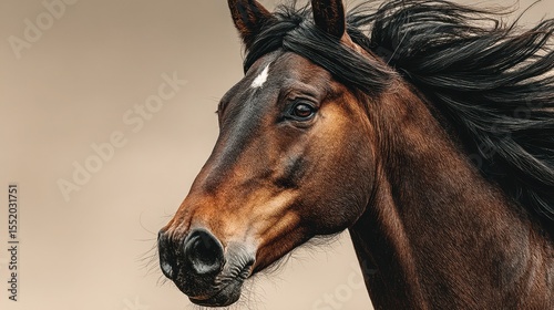 Majestic brown horse with flowing mane against a neutral background during a calm afternoon