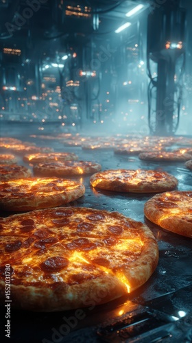 Numerous freshly baked pizzas cooling on a dark surface in a futuristic kitchen setting during evening hours