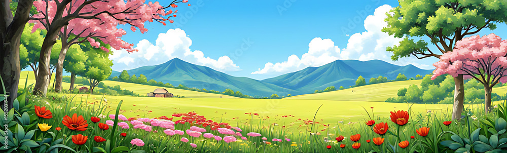 Fototapeta premium Beautiful Spring Landscape Anime Landscape Cartoon Nature Art Illustration