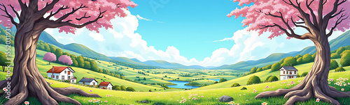 Beautiful Spring Landscape Anime Landscape Cartoon Nature Art Illustration