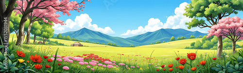 Beautiful Spring Landscape Anime Landscape Cartoon Nature Art Illustration
