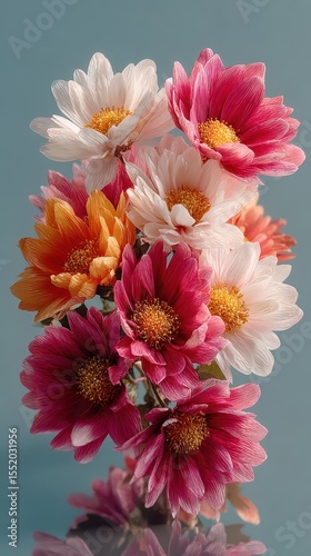 Vibrant bouquet of colorful flowers in soft pastel tones arranged elegantly against a blue background