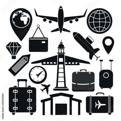 Travel and Transportation Solid Icon Set isolated on white background