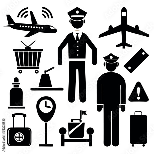 Airport and Aviation Solid Icon Set - Travel and Security