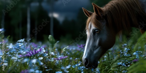 Horse grazing among vibrant wildflowers in a serene meadow during twilight