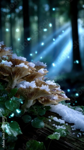 Mushrooms covered in snow illuminated by soft light in a dense forest during winter