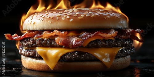 Juicy double cheeseburger with crispy bacon and melted cheese over open flames in a dark setting