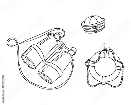 Binoculars, sailor hat and lifebuoy drawn in simple black lines on white background. Concept of nautical adventure, marine exploration and sea travel tools