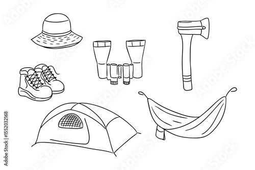 Camping gear including tent, hammock, boots, axe, flashlight and hat drawn in simple black outline. Concept of outdoor adventure, nature exploration and survival equipment