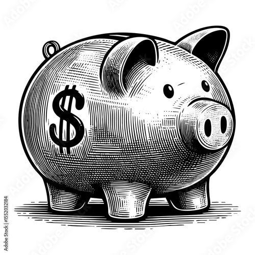 piggy bank sketch engraving black and white outline. Scratch board imitation.