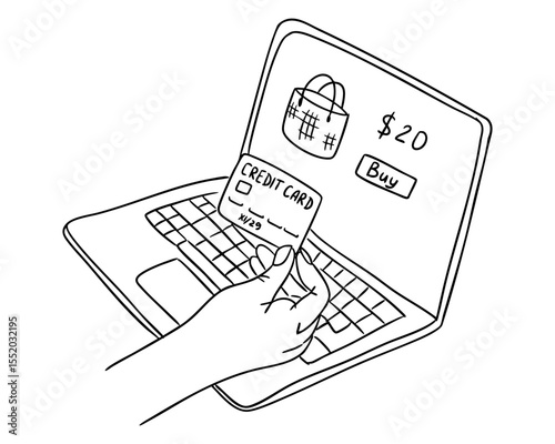 Hand holding credit card in front of laptop screen with online shopping interface drawn in black outline. Concept of e-commerce, digital transaction and internet payment
