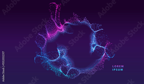 A.I. Technology particles banner. Dots explosion ai big data neon round background. Artificial Intelligence futuristic circles connect design.