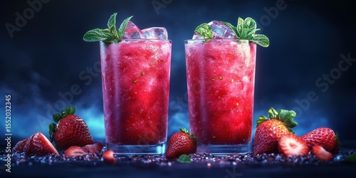 Refreshing strawberry mint drinks served in tall glasses with fresh mint leaves, captured in a dimly lit setting