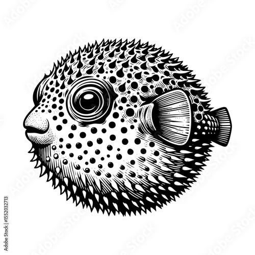 Puffer fish sketch engraving black and white outline. Scratch board imitation.  illustrated in vintage line art style on a white background.