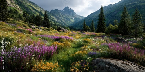 Colorful wildflower meadow with mountains and pine trees under cloudy skies in a national park during summer