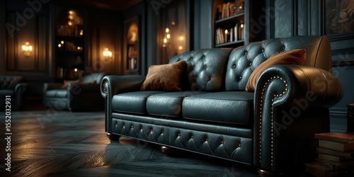 Elegant leather sofa in a cozy, dimly lit lounge with warm ambience and stylish decor during evening hours