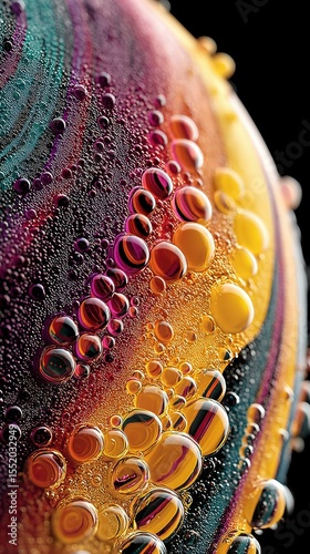 Colorful bubble patterns on a surface with vibrant hues and reflections captured in close-up at a macro scale