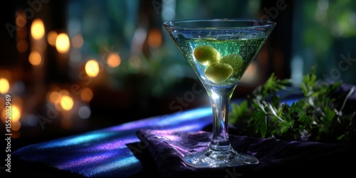 Classic cocktail served with olives in a stylish glass against a dimly lit background