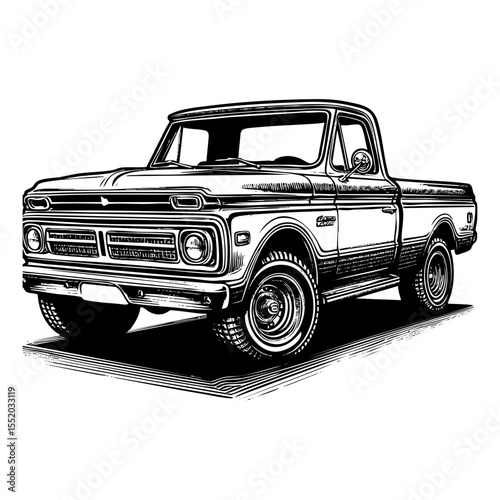truck sketch engraving black and white outline. Scratch board imitation.