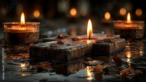 Candles flicker on wooden surface with autumn leaves in tranquil setting during nighttime
