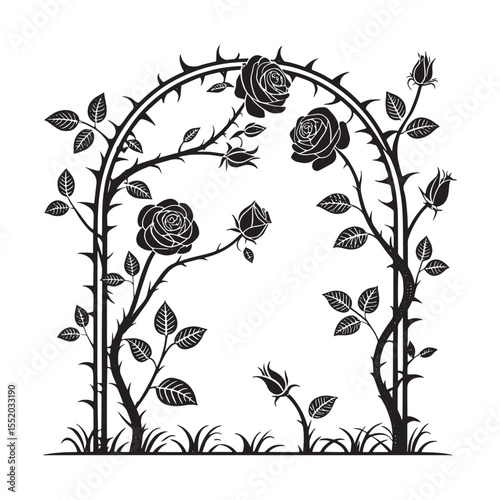 Black silhouette of a thorny rose archway with blooming flowers and leaves against a white background