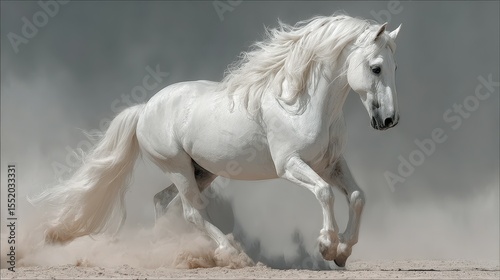 Majestic white horse galloping across sandy terrain with dust swirling in the air during midday
