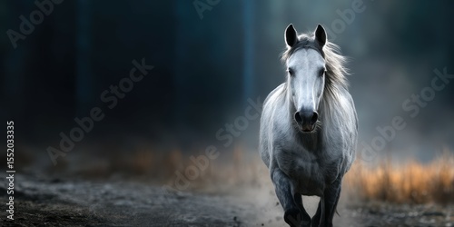 Running white horse in a misty forest at dawn with soft light creating a magical atmosphere