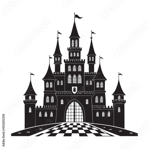 A striking black silhouette of a grand fairytale castle with multiple turrets and flags against a white background