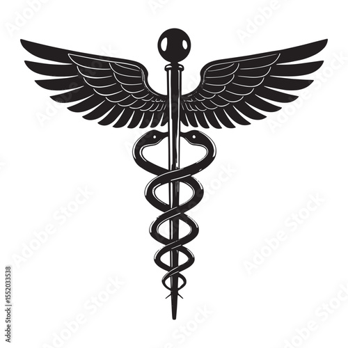 Striking black caduceus symbol featuring two intertwined snakes and large feathered wings on a clean white background