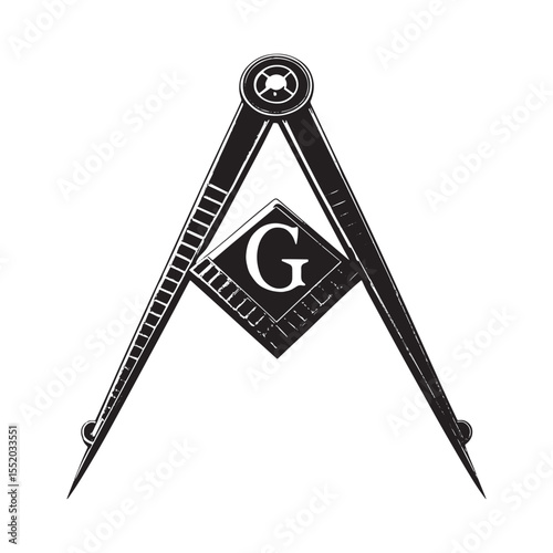 Black and white illustration of a masonic square and compasses symbol with the letter g inside a diamond shape