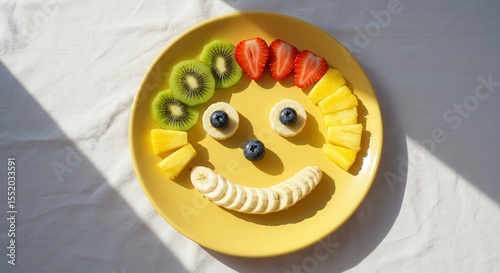 Colorful fruit arrangement creating a smiling face on a plate  