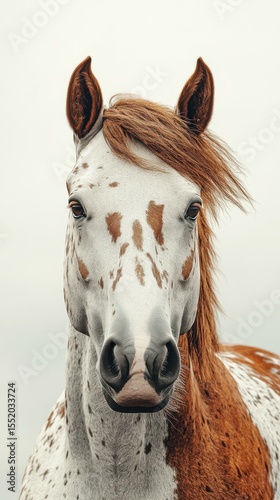 Stunning close-up of a spotted horse with a flowing mane against a soft background