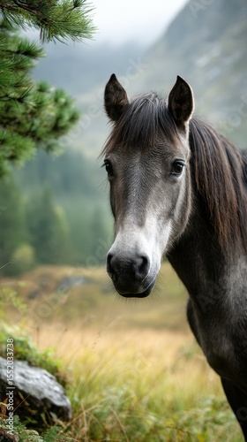 Majestic gray horse standing in a lush meadow with mountains in the background during early morning light