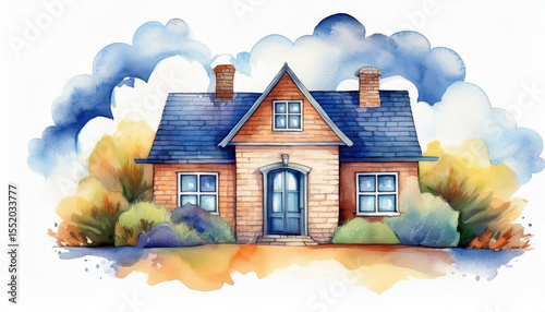 Charming Hand-Drawn House with Blue Roof and Brick Facade Surrounded by Vibrant Autumn Foliage