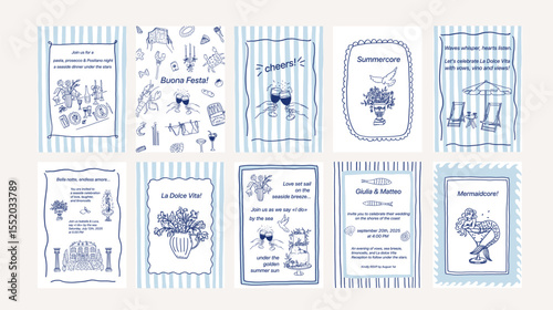 Coastal whimsical hand drawn cards set. Summer mediterranean beach sea border frame. Seaside wedding coquette greeting card template vector illustration