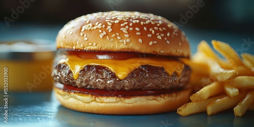 Delicious cheeseburger served with crispy fries and dipping sauce on a blue table