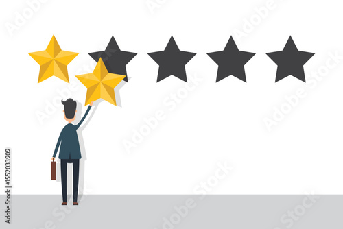 A person in a suit and holding a briefcase is filling in stars for a rating. There are two gold stars and three blacked-out stars to represent rating.