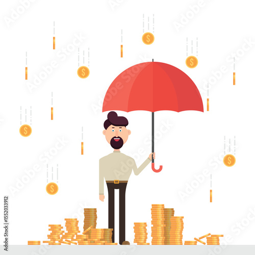 A man stands smiling, holding an umbrella to shield stacks of coins from falling money. Concept for investment protection, savings and financial security.