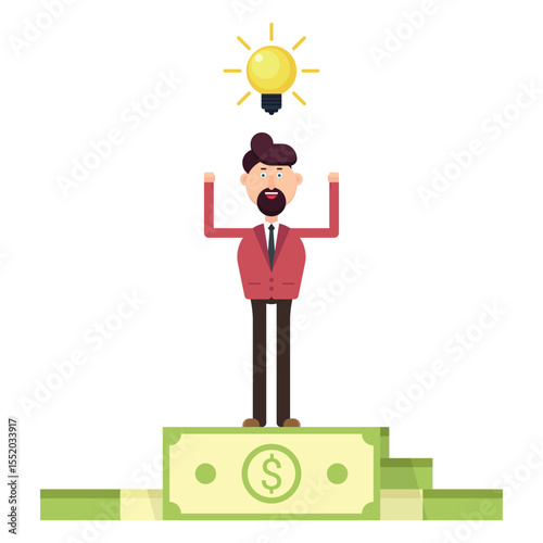 A cheerful entrepreneur stands triumphantly atop a money-made podium, basking in the glow of a bright idea that has led to financial success. The illustration is simple and eye-catching.