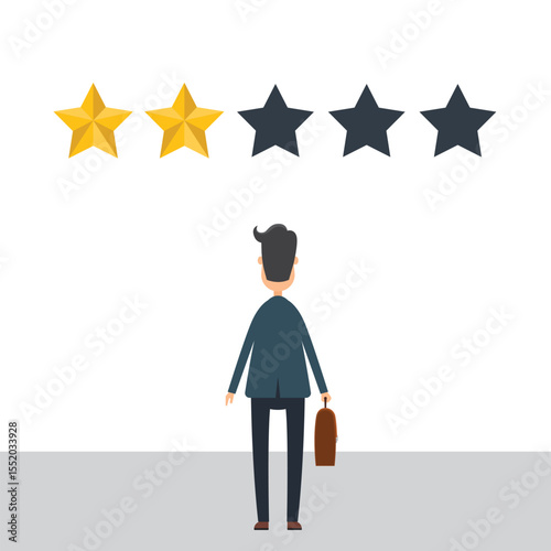 A man in a suit views a rating of two out of five stars. The businessman holds a briefcase in this illustrative representation of service feedback.