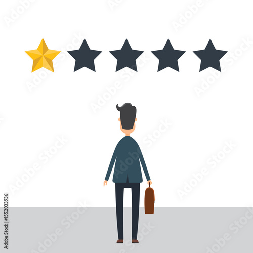 A businessman is looking at one out of five stars. The stars could represent customer reviews, ratings, or performance feedback. The overall feeling is disappointment.