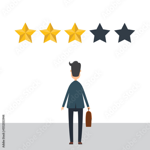 A person in business attire stands facing a star rating system, depicted with three golden stars indicating positive feedback and two grey stars signifying less satisfaction.