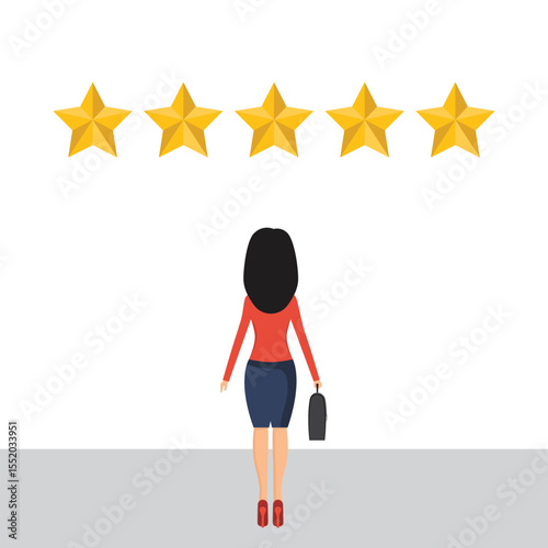 A businesswoman, viewed from the back, stands beneath five gold stars, symbolizing her excellent performance and achievements in her professional career with determination.